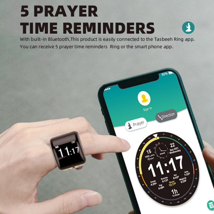 Equantu Smart Bluetooth Finger Counter Muslim Prayer Time Reminder Ring, Style: Black 18mm