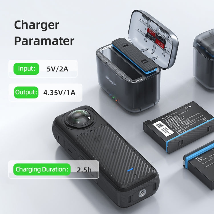 For Insta360 X4 AMagisn Dual Battery Charging Box Transparent Battery Storage Compartment