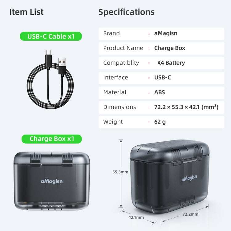 For Insta360 X4 AMagisn Dual Battery Charging Box Transparent Battery Storage Compartment
