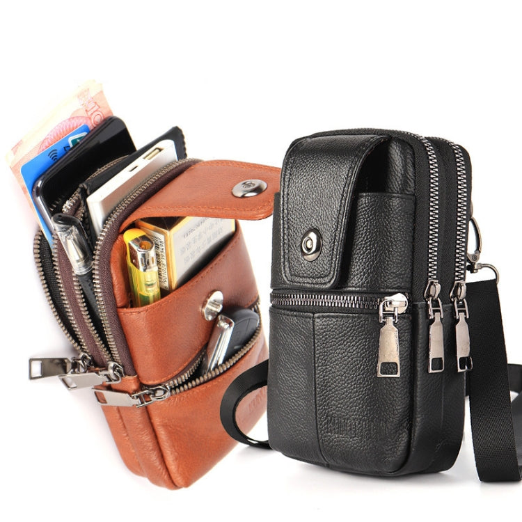 KUNQITIAN Mobile Phone Waist Bag Belt Leather Case With Shoulder Strap, Size: M(Red Brown)