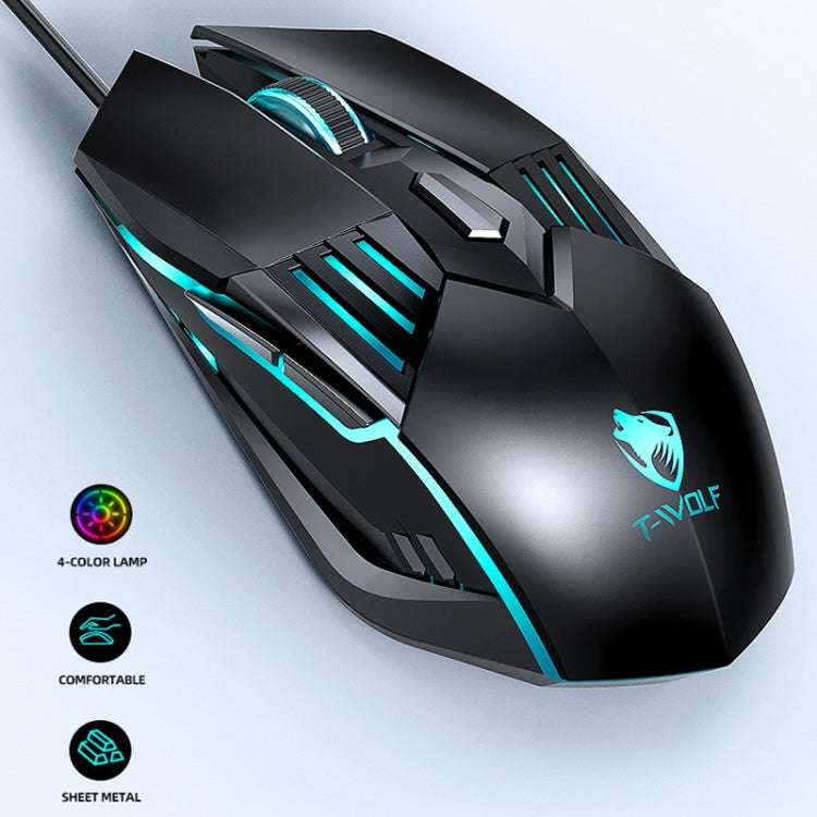 T-WOLF G560 6-keys Cool Breathing Light Gaming Wired Mouse Mechanical Office Silent Mouse(Black)