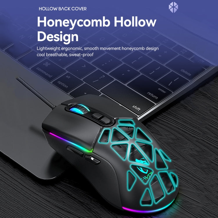 T-WOLF G520 7-keys RGB Marquee Honeycomb Hollow Gaming Wired Mouse(Black)