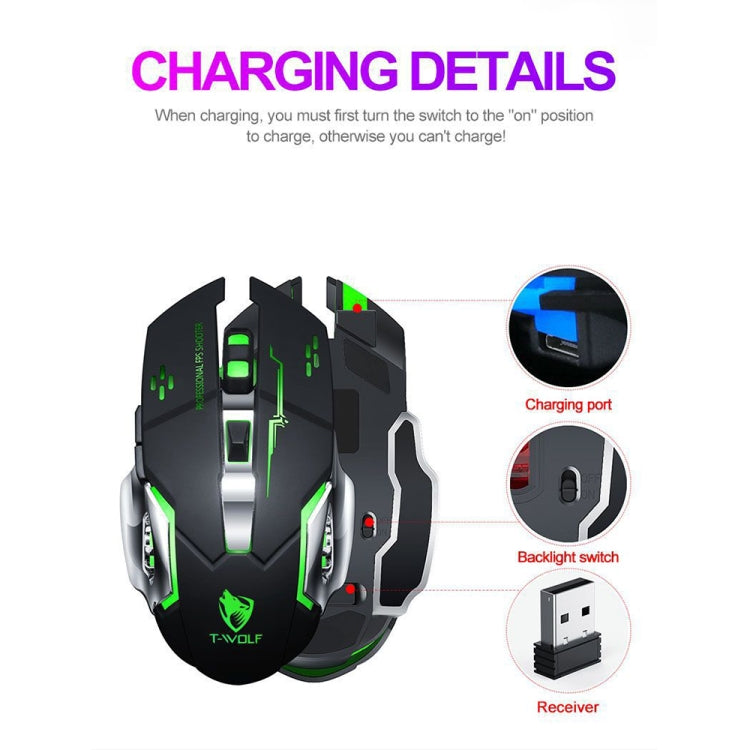 T-WOLF Q13 2.4GHz 6-keys RGB Colorful Light Gaming Wireless Mouse, Color: Single Mode Star Black