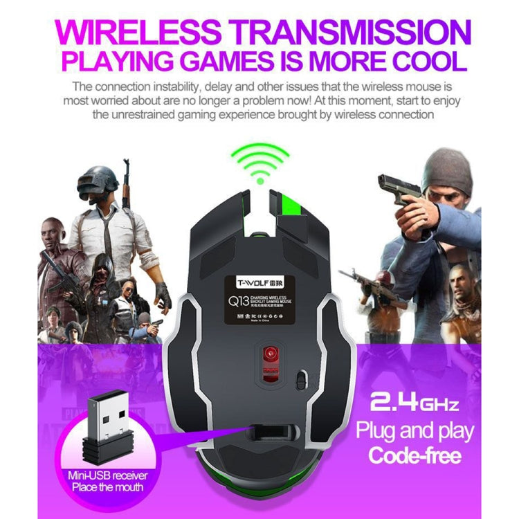 T-WOLF Q13 2.4GHz 6-keys RGB Colorful Light Gaming Wireless Mouse, Color: Single Mode Black