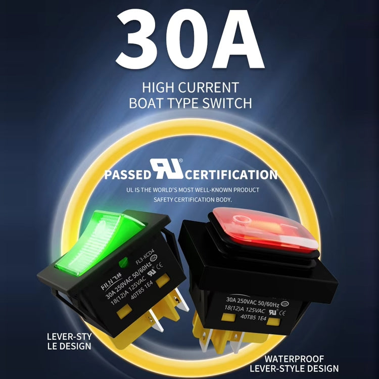 FILN 220V 30A Split Dustproof Boat-type Switch With Light, Specifications: Aluminum 4 Pin 2 Gear Green Light