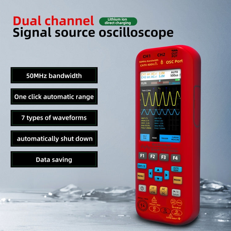 BSIDE O9 Digital Handheld Dual Channel 50MHz Oscilloscope Signal Source Multimeter, Spec: With Dual Oscilloscope Probe (Red)