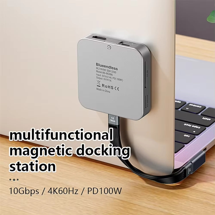 Blueendless 8-In-1 Magnetic HUB With M.2 NVMe/SATA SSD Enclosure (HDMI+PD100W+USB-C/Type-C 3.2+USB-A 3.2+SD+TF+AUX)