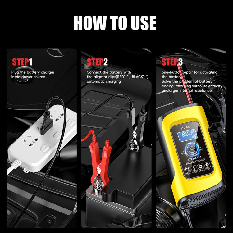 FOXSUR 12V8A SUV Car Motorcycle Intelligent Repair Type Lead-acid Battery Charger(UK Plug)