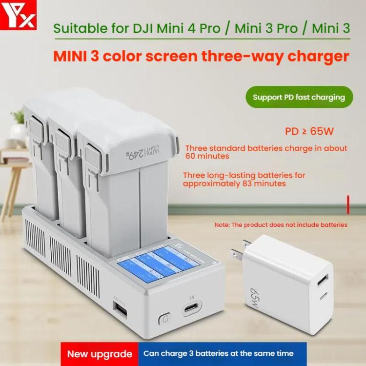 For DJI Mini 4 Pro / Mini 3 Pro / Mini 3 YX Color Screen 3-Way Charger Battery Manager With 65W US Plug