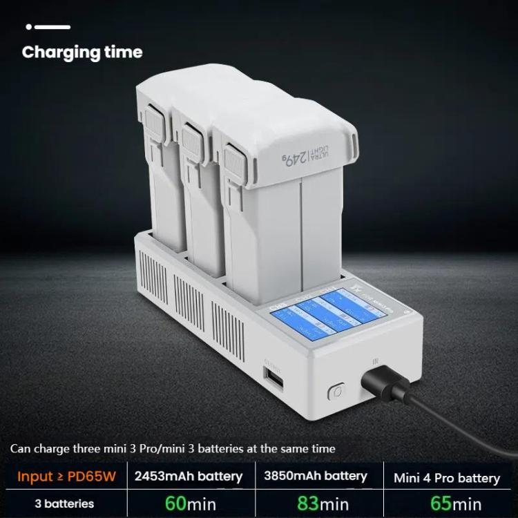For DJI Mini 4 Pro / Mini 3 Pro / Mini 3 YX Color Screen 3-Way Charger Battery Manager With 65W EU Plug