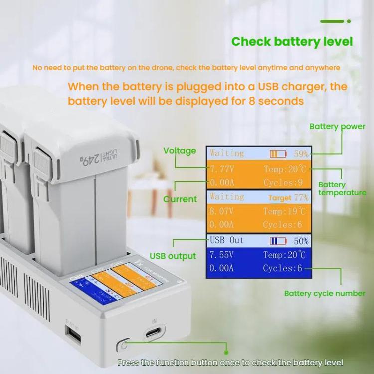 For DJI Mini 4 Pro / Mini 3 Pro / Mini 3 YX Color Screen 3-Way Charger Battery Manager With 65W US Plug