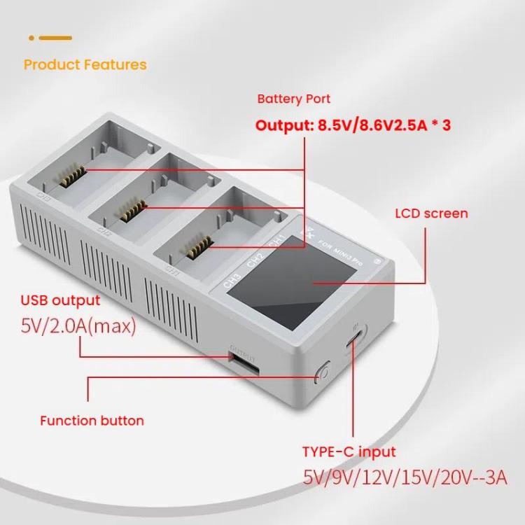 For DJI Mini 4 Pro / Mini 3 Pro / Mini 3 YX Color Screen 3-Way Charger Battery Manager With 65W US Plug