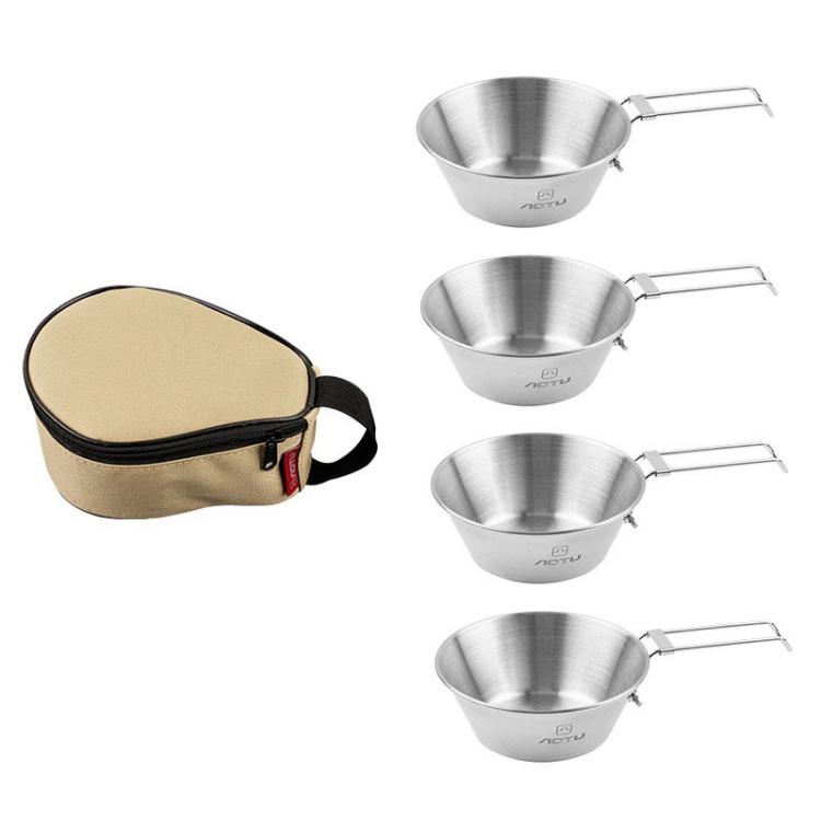 AOTU AT6440 4pcs 300ml Portable Foldable Stainless Steel Bowl With Storage Bag Camping Cutlery Set