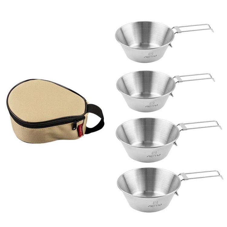 AOTU AT6440 2pcs 300ml+2pcs 500ml Portable Foldable Stainless Steel Bowl With Storage Bag Camping Cutlery Set