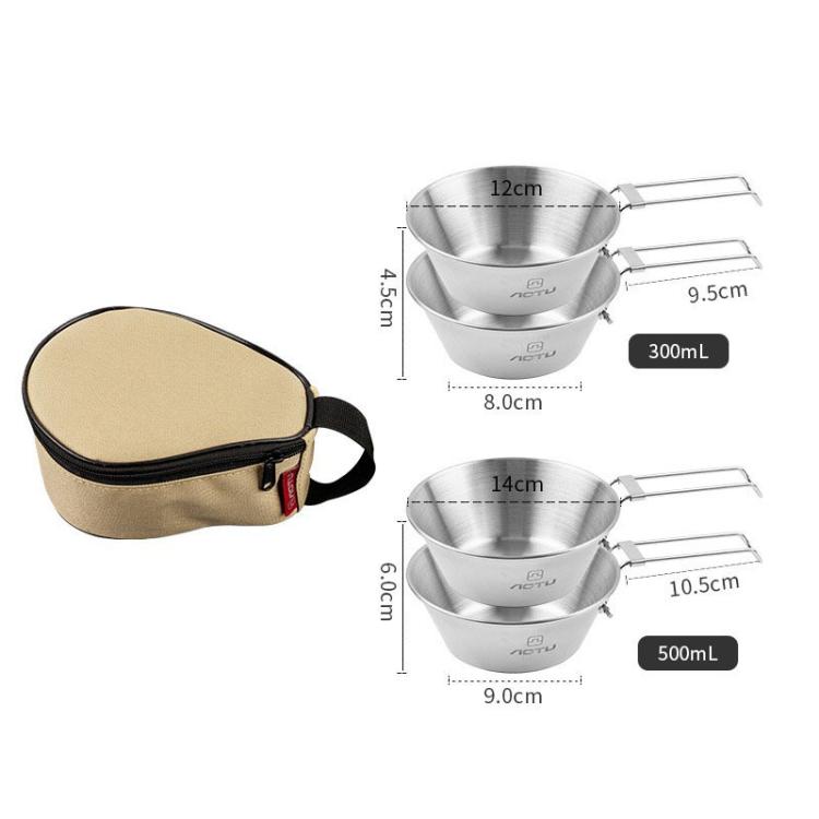 AOTU AT6440 4pcs 300ml Portable Foldable Stainless Steel Bowl With Storage Bag Camping Cutlery Set