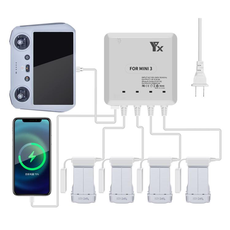 For DJI Mini 4 Pro / Mini 3 Pro / Mini 3 Drone YX 4-way Charger Battery Butler US Plug