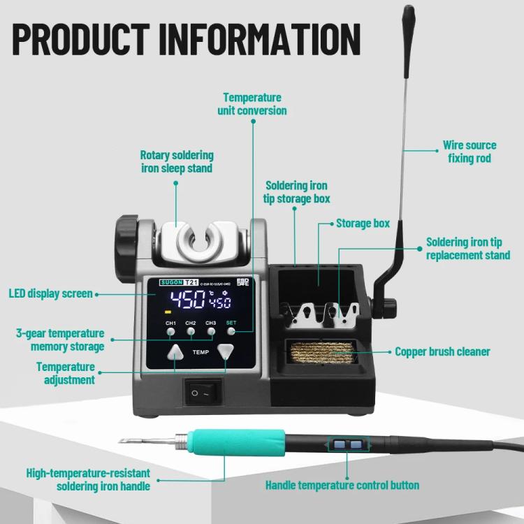 SUGON T21 Constant Temperature Soldering Station 120W High Power Soldering Iron With I/IS/K Tip Nozzle, Spec: 115 Handle(EU Plug)