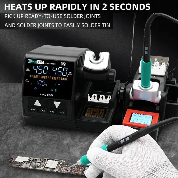 SUGON T60+TJ8+210/245 Handle+I/K/IS Tips x 6 Precision Soldering Station Soldering Iron Set Cell Phone Repair Soldering Tool(US Plug)