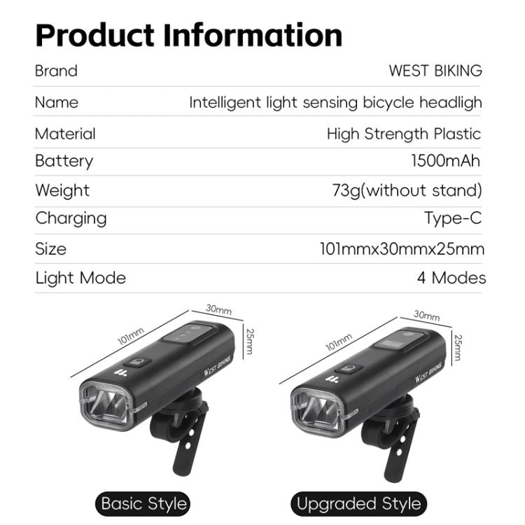 WEST BIKING Bicycle Waterproof TYPE-C Rechargeable High-Brightness Headlight, Style: Digital Battery Display