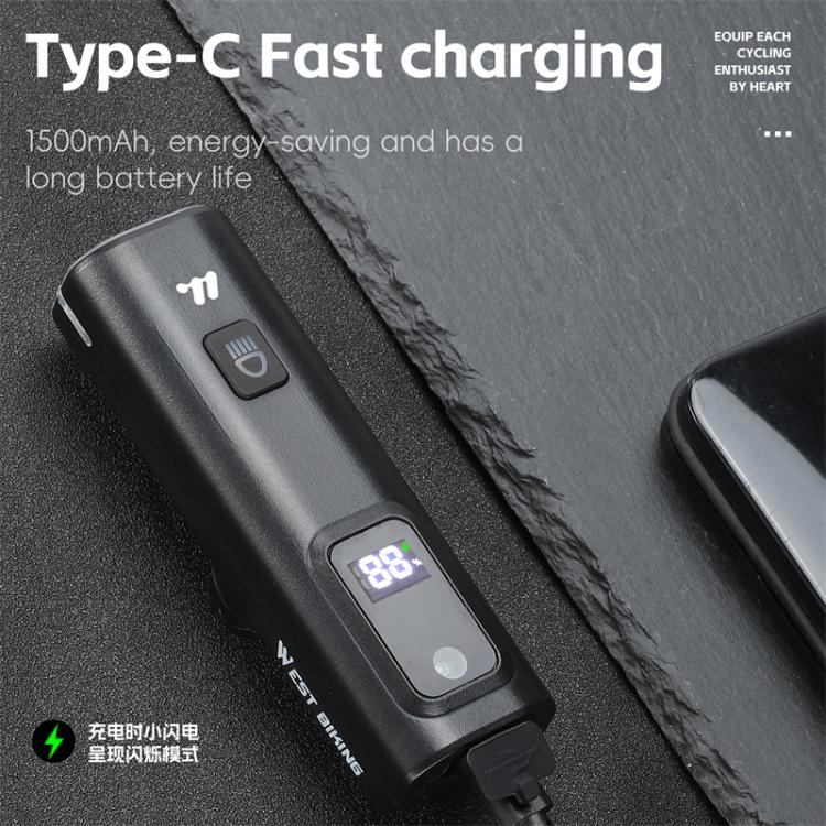 WEST BIKING Bicycle Waterproof TYPE-C Rechargeable High-Brightness Headlight, Style: Digital Battery Display