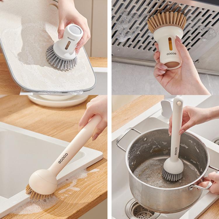 2pcs /Set ecoco Pot Washing Brush Short Handle Squeezeable + Long Handle Rotatable Household Dishwashing Brush(Cream Yellow)
