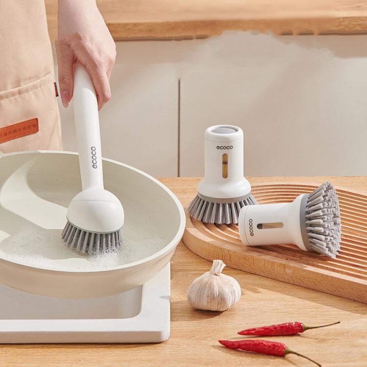 2pcs /Set ecoco Pot Washing Brush Short Handle Squeezeable + Long Handle Rotatable Household Dishwashing Brush(Cream Yellow)