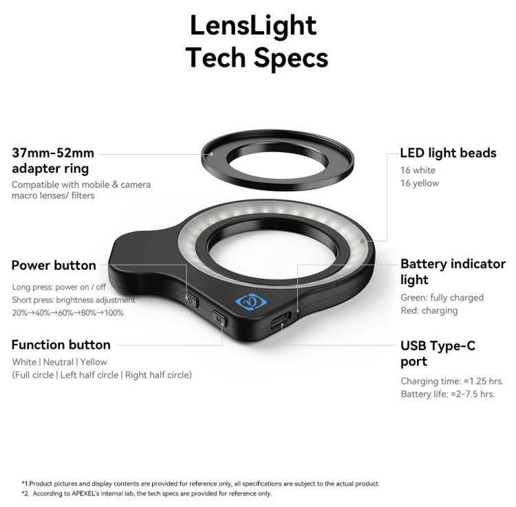 APEXEL APL-FL26 Jewelry Food Still Life Tri-color 9-speed Slim Ring Macro Photography Fill Light
