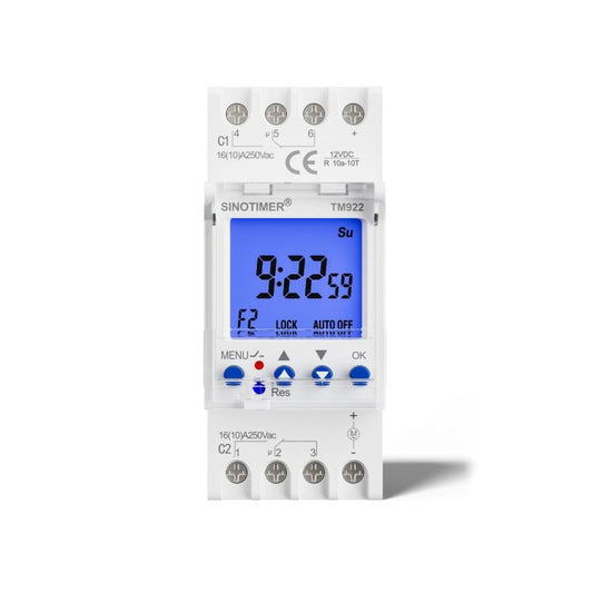 SINOTIMER  TM922-4 12V 16A 2-Way Dual-Channel Second Control 7-Day Timing Switch Module DIN Mounted Timer