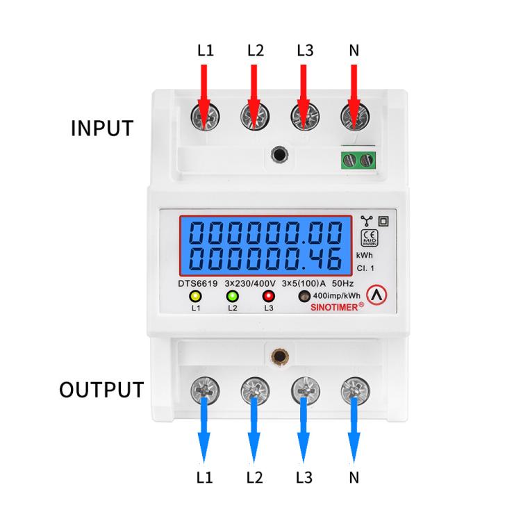 SINOTIMER DTS6619-046 100A 380V AC 3-phase 4 Wire Energy Meter Temporary Power Can Be Reset Din Rail Mounted