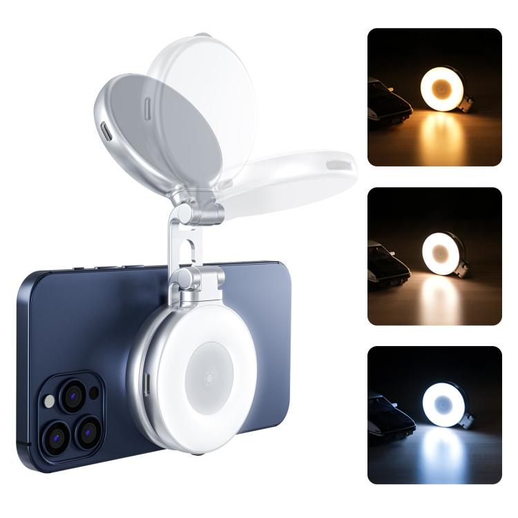 TELESIN S5-BGD-01 Mini Phone Magnetic Beauty Replacement Light Tri-Color Temperature Portable Selfie Mirror Rotating Stretching Pocket Lamp (Silver)