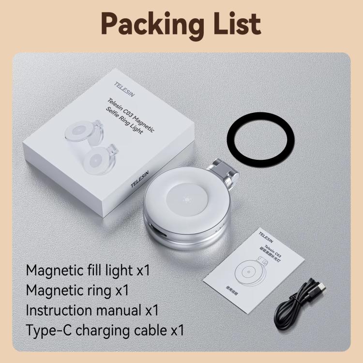 TELESIN S5-BGD-01 Mini Phone Magnetic Beauty Replacement Light Tri-Color Temperature Portable Selfie Mirror Rotating Stretching Pocket Lamp (Silver)