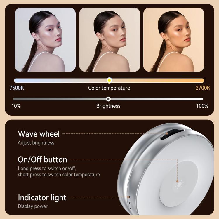 TELESIN S5-BGD-01 Mini Phone Magnetic Beauty Replacement Light Tri-Color Temperature Portable Selfie Mirror Rotating Stretching Pocket Lamp (Silver)