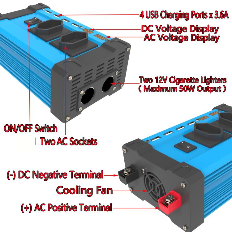 Gurxun 4 USB Ports Digital Display Modified Square Wave Inverter, Spec: 300W Brazil Plug 12V To 110V