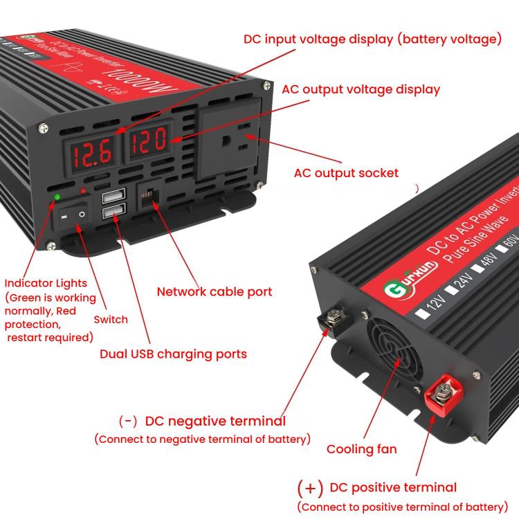 Gurxun 1500W Dual USB Fast Charger Dual Digital Display Pure Sine Wave Inverter, Spec: Brazil Plug 12V To 220V