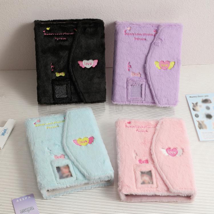 Hisocute Embroidered Plush Six Hole Magnetic Album A5 Card Album Binder Student Storage Booklet(Blue Cover)