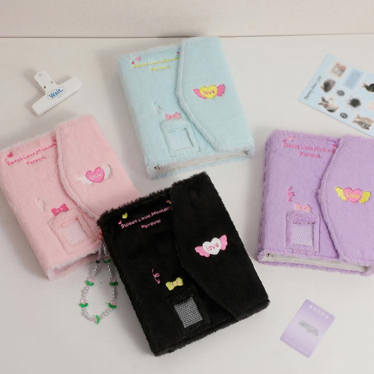 Hisocute Embroidered Plush Six Hole Magnetic Album A5 Card Album Binder Student Storage Booklet(Black Cover)
