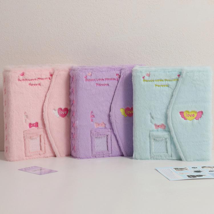 Hisocute Embroidered Plush Six Hole Magnetic Album A5 Card Album Binder Student Storage Booklet(Black Cover)