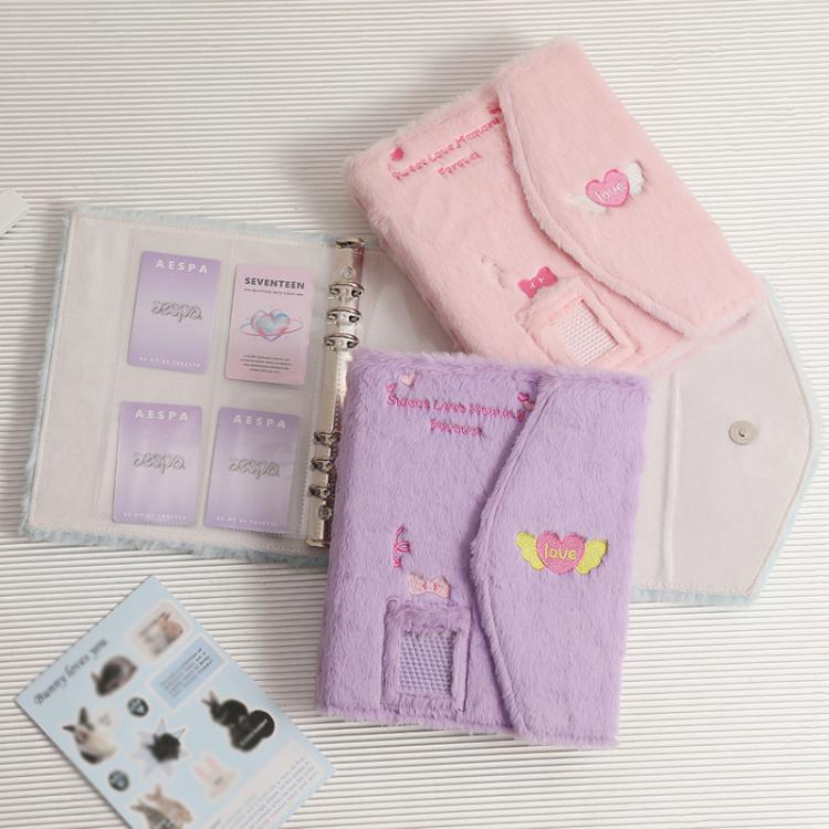 Hisocute Embroidered Plush Six Hole Magnetic Album A5 Card Album Binder Student Storage Booklet(Blue Cover)