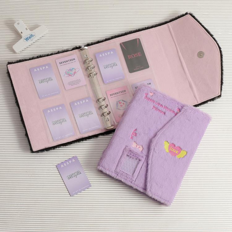 Hisocute Embroidered Plush Six Hole Magnetic Album A5 Card Album Binder Student Storage Booklet(Purple Cover)