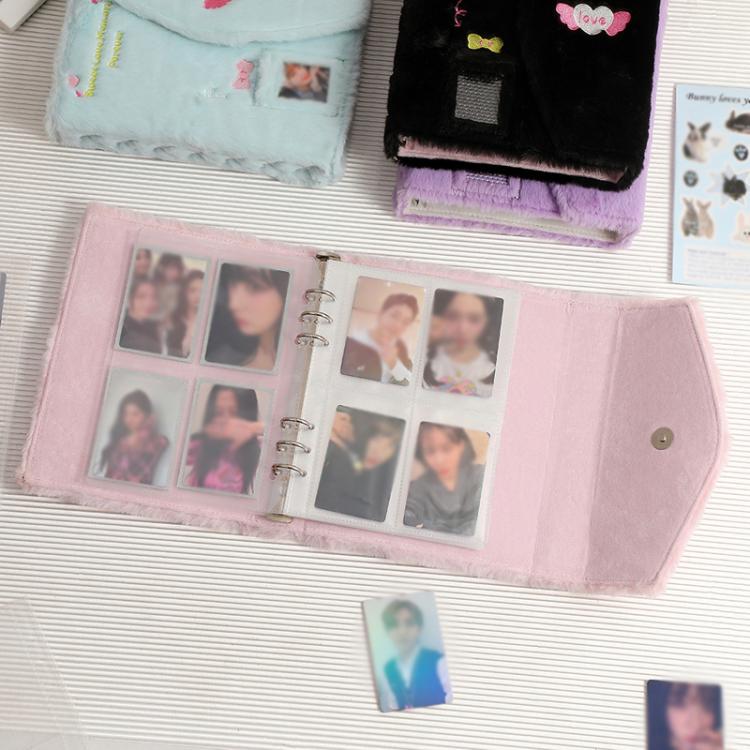 Hisocute Embroidered Plush Six Hole Magnetic Album A5 Card Album Binder Student Storage Booklet(Purple Cover)
