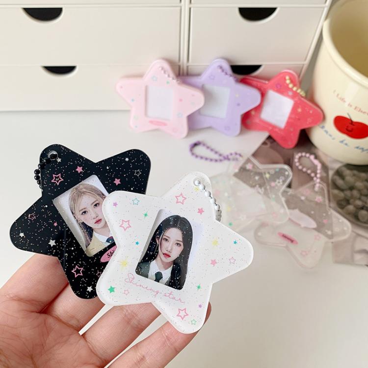 Hisocute Cartoon Pentagram 1 Inch Photo Frame Pendant Students Keychain Chasing Star Card Holder Pendant(Pink Stars)