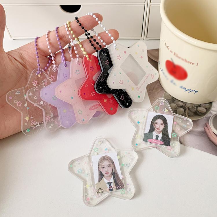 Hisocute Cartoon Pentagram 1 Inch Photo Frame Pendant Students Keychain Chasing Star Card Holder Pendant(White Stars)