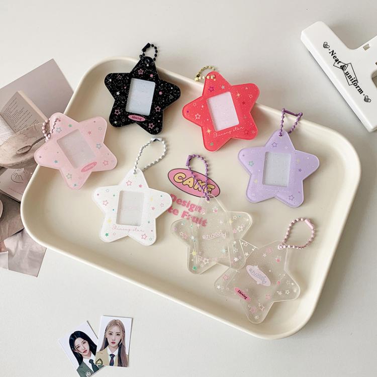 Hisocute Cartoon Pentagram 1 Inch Photo Frame Pendant Students Keychain Chasing Star Card Holder Pendant(Pink Stars)