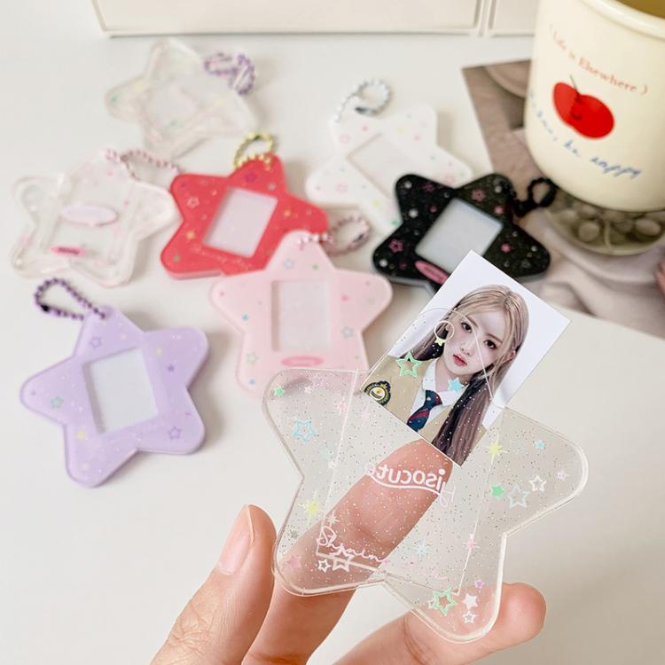 Hisocute Cartoon Pentagram 1 Inch Photo Frame Pendant Students Keychain Chasing Star Card Holder Pendant(Pink Stars)