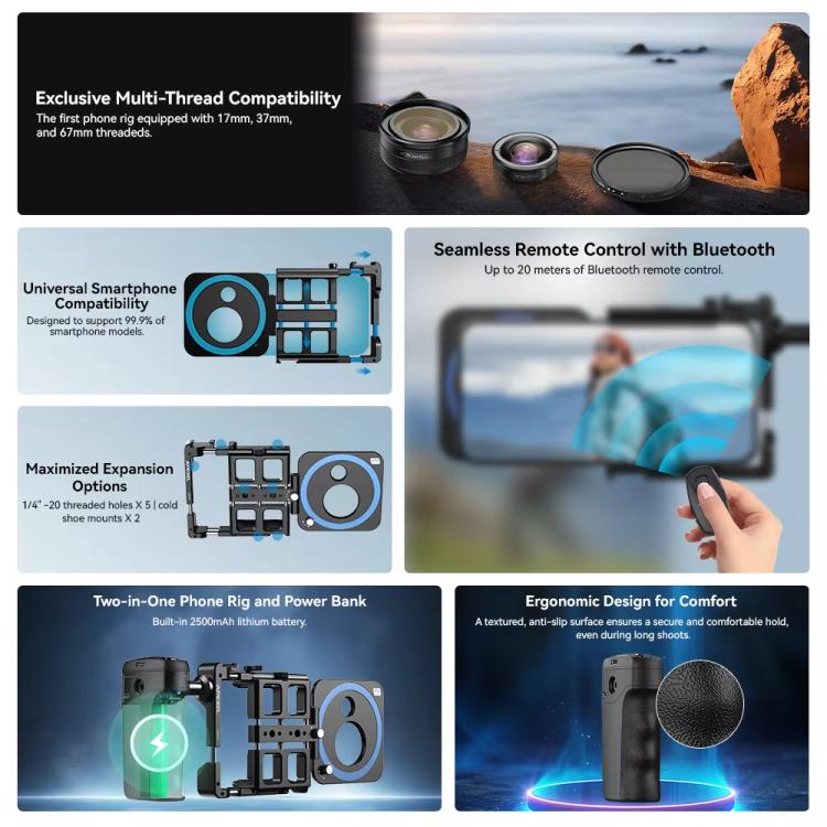 APEXEL VideoRig 2 Pro Smart Bluetooth Handle Mobile Photography Rabbit Cage Set(Black)