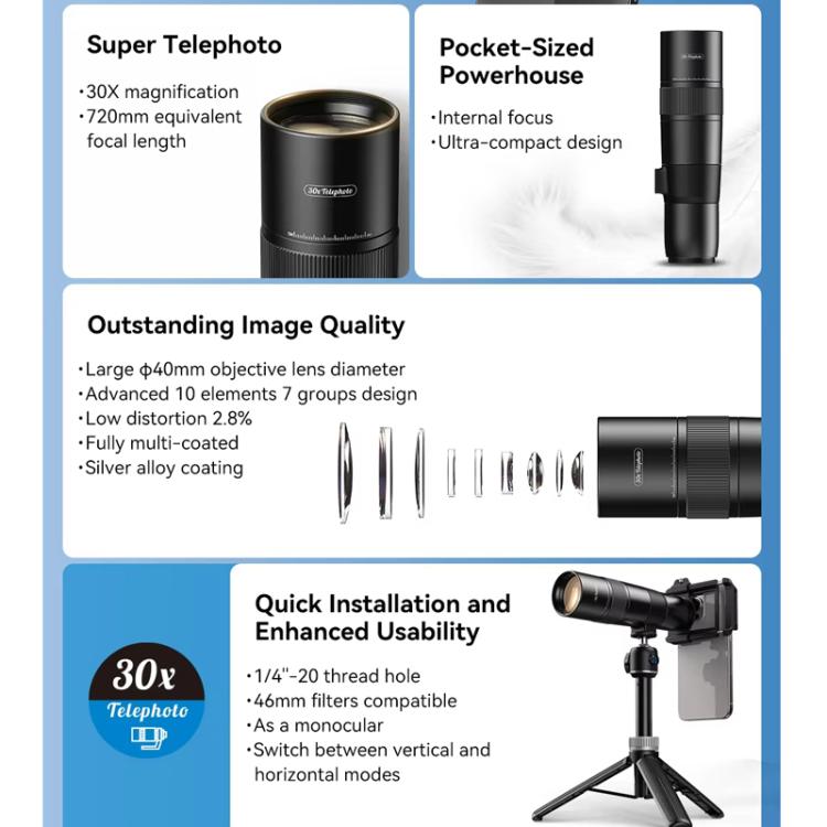 APEXEL 30X 720mm Phone Telephoto Lens with Tripod Kit(Black)