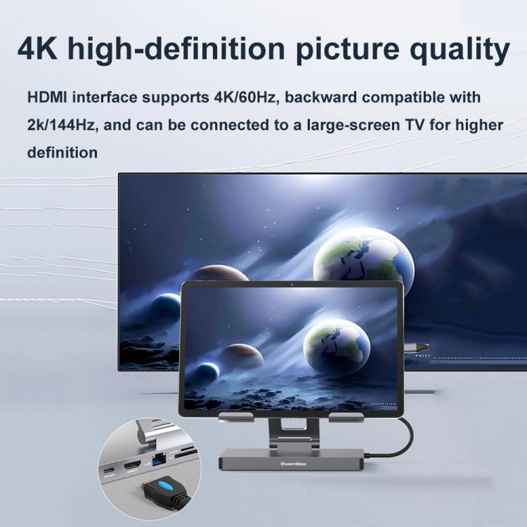 Blueendless 4K/60Hz Multifunctional Docking Station Tablet Holder, Spec: 10-in-1 Ethernet Port