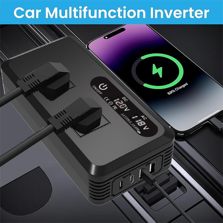 Gurxun Dual Digital Display Car Inverter With 2 USB+2 Type-C Ports Brazil Plug 220V