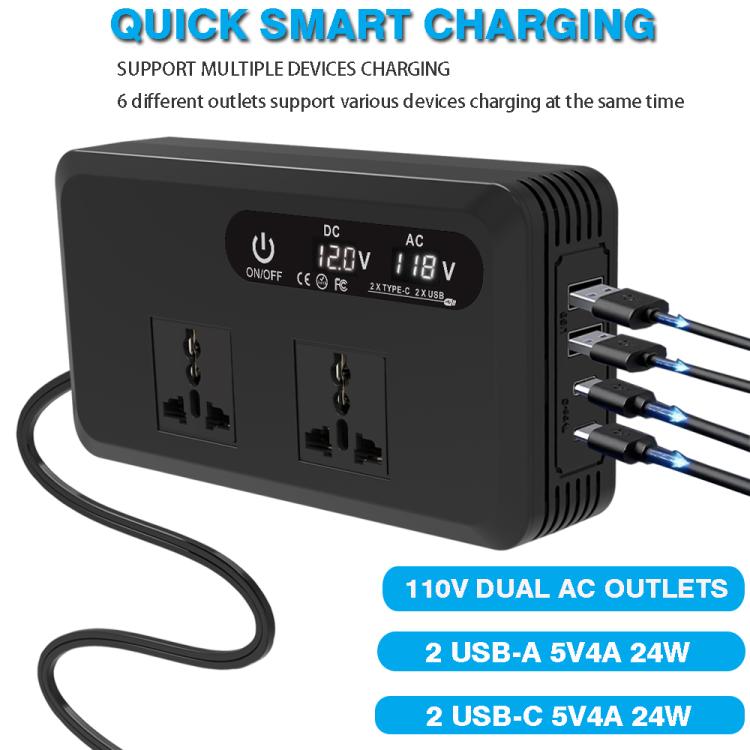 Gurxun Dual Digital Display Car Inverter With 2 USB+2 Type-C Ports Universal Plug 110V