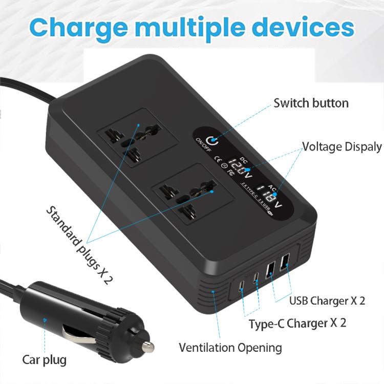 Gurxun Dual Digital Display Car Inverter With 2 USB+2 Type-C Ports Brazil Plug 220V